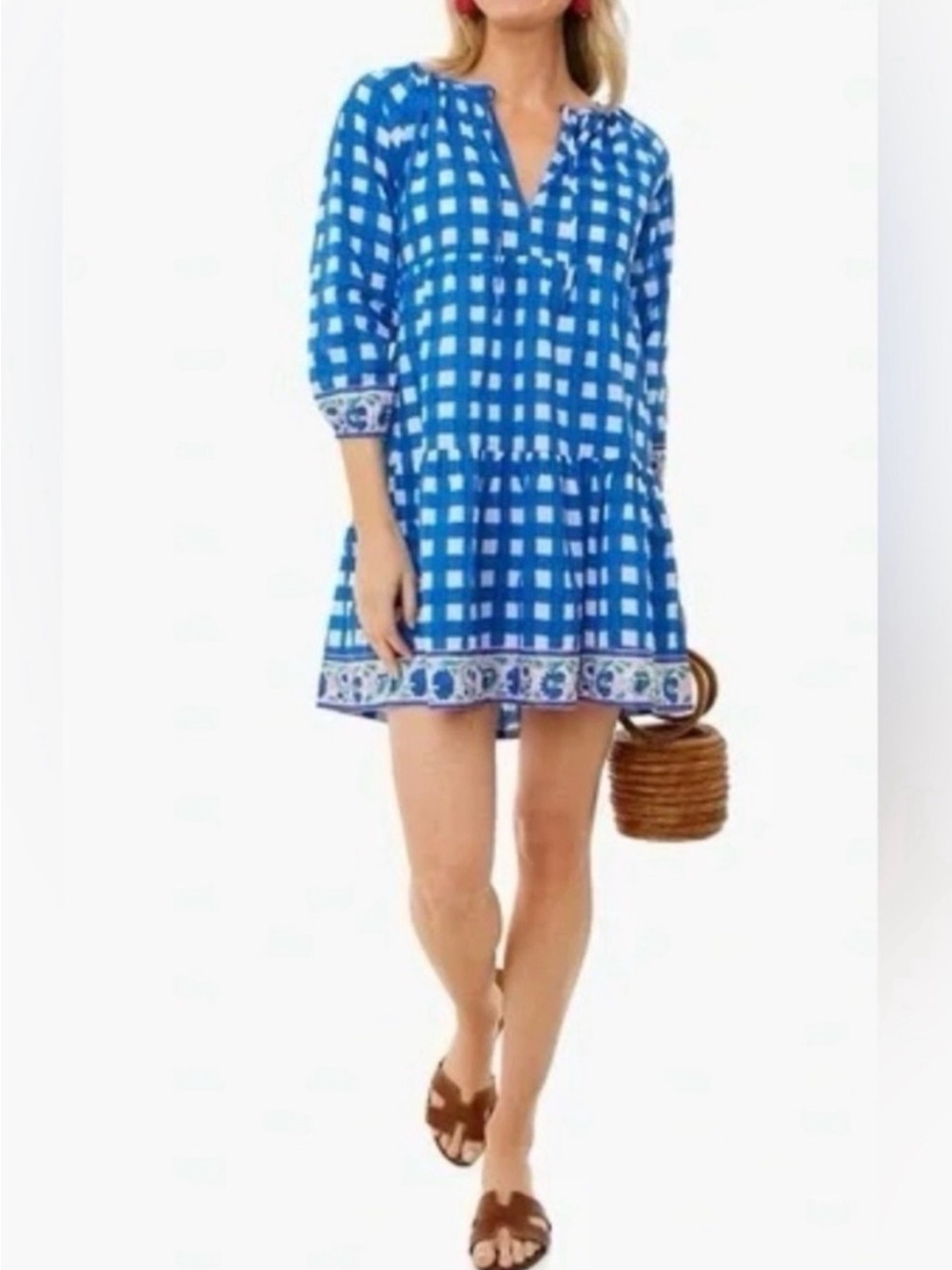 SZ blockprints tuckernuck priya blue gingham long sleeve dress L NWT